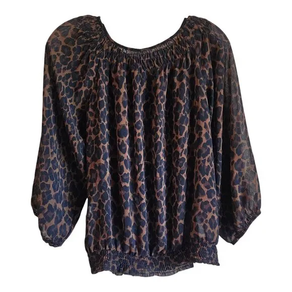 ZARA Women S Blouse Top Leopard Print Brown Black Smocked Elastic 3/4 Sleeve 38" - Picture 6 of 6